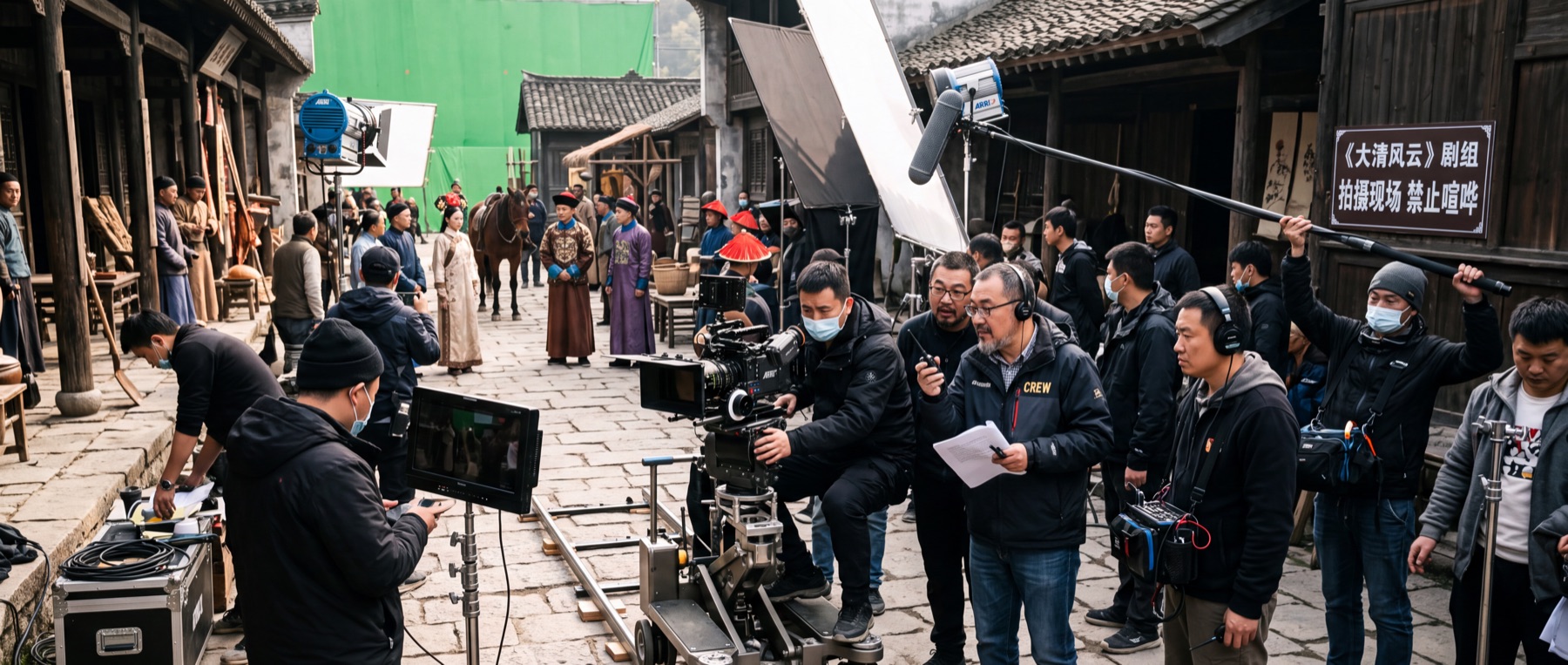 古装剧拍摄现场：轨道上的摄影机、绿幕与导演组，场记牌写着剧组名与禁止喧哗
