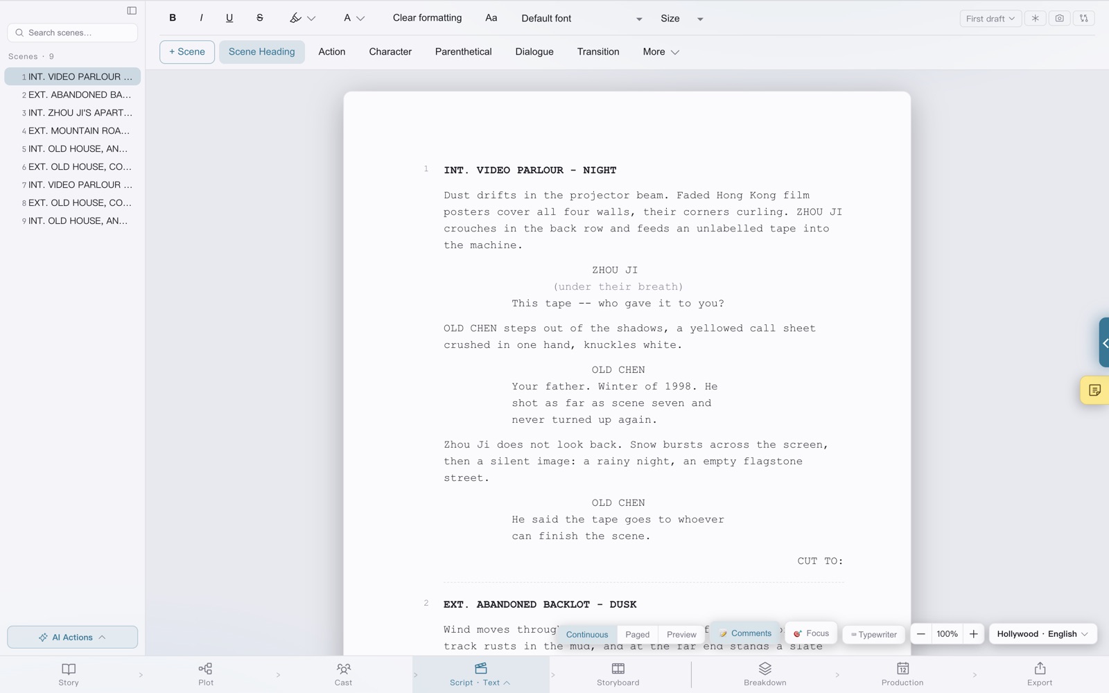Script stage: the scene list on the left, a screenplay page in the Hollywood · English format in the centre, and the eight-stage flow bar along the bottom